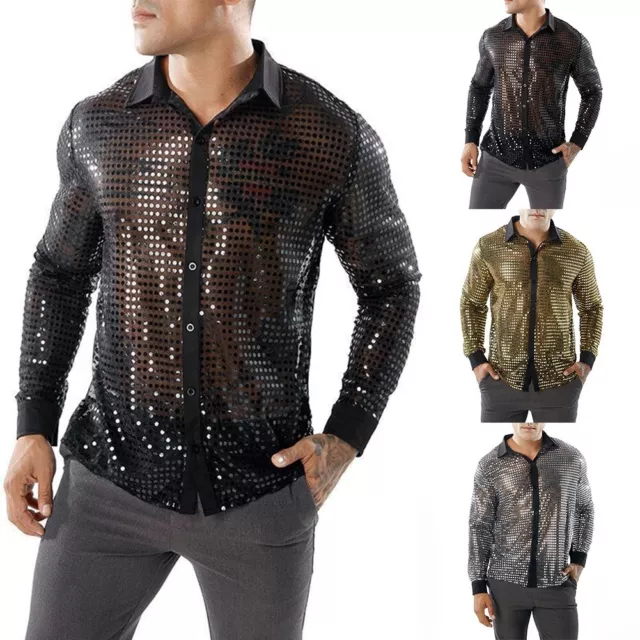 Men's Sparkly Sequin Party Dance Shirts Retro 70s Disco Nightclub Style Tops