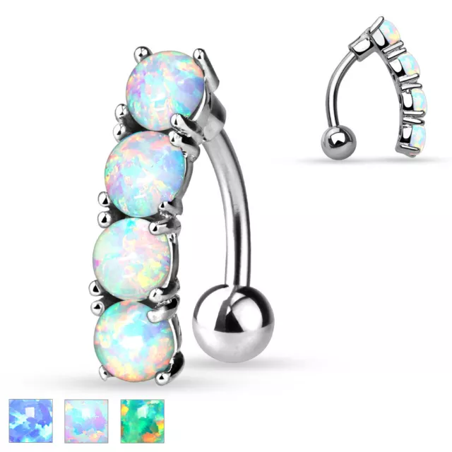 Vertical Drop Top Down Opal Set Surgical Steel Navel Belly Button Ring 14G 3/8"