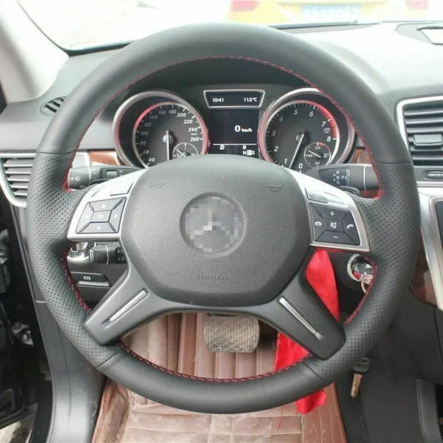 Anti Slip Black Leather Steering Wheel Stitch on Wrap Cover For Mercedes ML350
