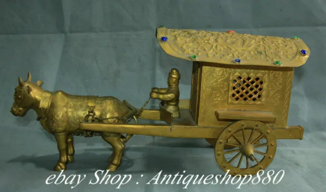 16" China Bronze 24 K Gold Gilt inlay Gems Ox Pull cart bullock-cart Statue
