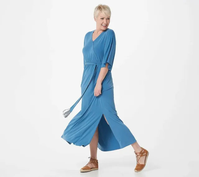 Haute Hippie Tribe Knit Maxi Dress w/ Fringe Belt Slate Blue Size XL A394298