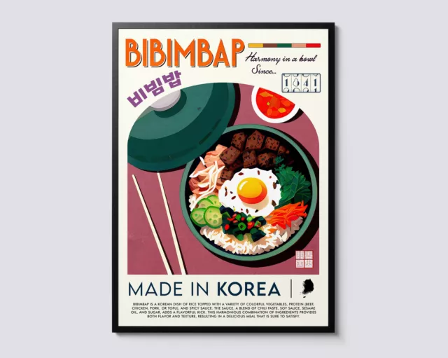 Vintage Korean Bibimbap Wall Art, Graphic Illustration, Asian Cuisine Decor,