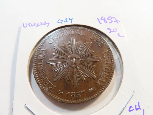 G24 Uruguay(Sunface) 1857 20 Centesimos, Choice AU