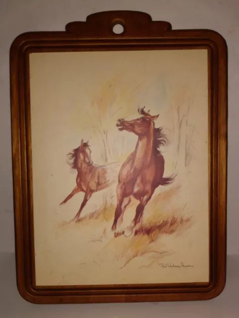 Vintage Paul Whitney Hunter Laminated Print - Hangable Wood Board Horses Playing