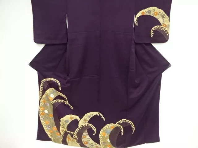 42225# Japanese Kimono / Antique Kimono / Embroidery / Kiku & Peony Arabesqu