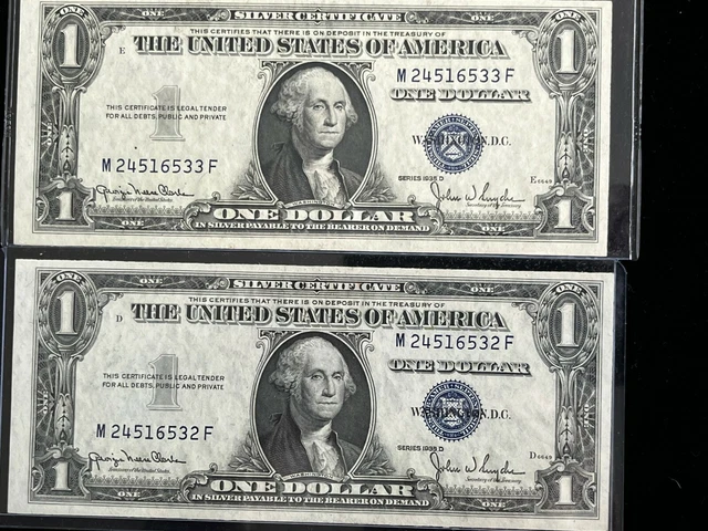2-1935-D $1 Silver Certificate Notes Consecutive Serial #'s - Crisp Unc.