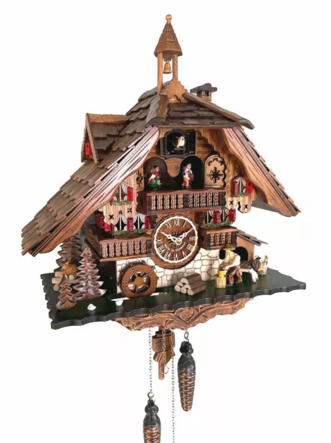 cuckoo clock black forest quartz german music quarz chalet  wood chopper new