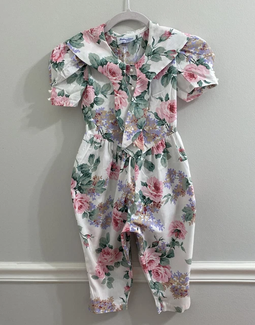 Girls Vtg 1990s 90s Floral Jumper Romper Jumpsuit Cottage Garden Sz 4-5. USA