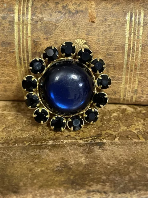 Vintage Brosche Blau Cabochon Rund Alt Schmuck Retro Nachlass Strass