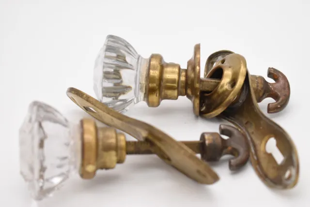 Lot of 2 Vintage Clear Glass 2"  Doorknob "SINGLE " Closet Set, 12 Point w/Brass