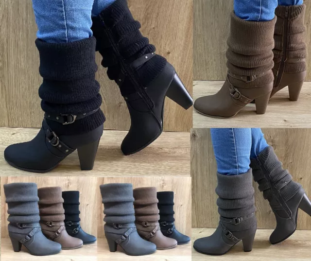 Damen Stiefel mit Strickschaft Stiefeletten Absatz Boots High Heels Neu ST62