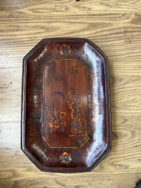 19TH Century Antique Chinese Wood Plate Hand Painted Signed Lacquered Tray