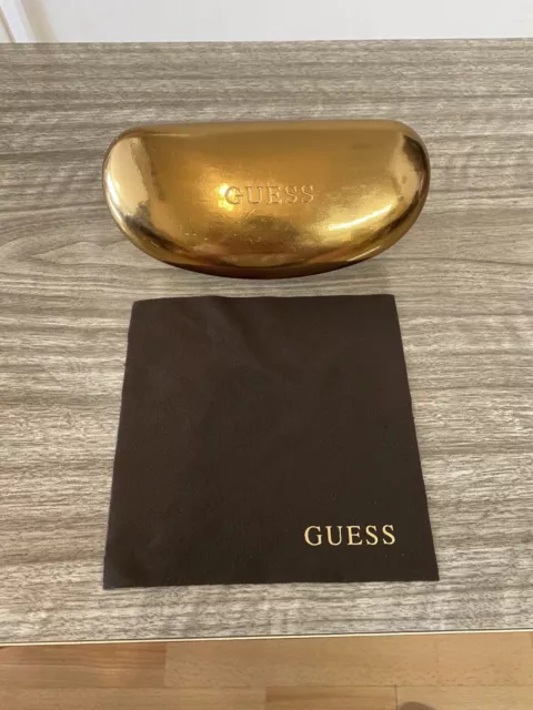 Authentic Large Guess Gold Sunglasses Protective Hard Case With Cleaning Cloth