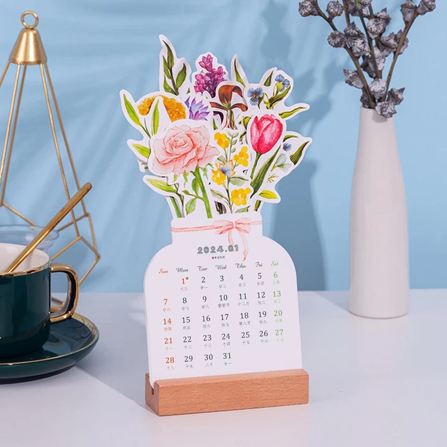 2024 NEW ROSE Tulip Flower Series Wooden Calendar Cartoon Desktop