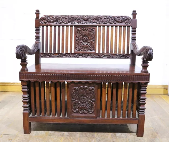 Antique style heavily carved storage bench - settle 2