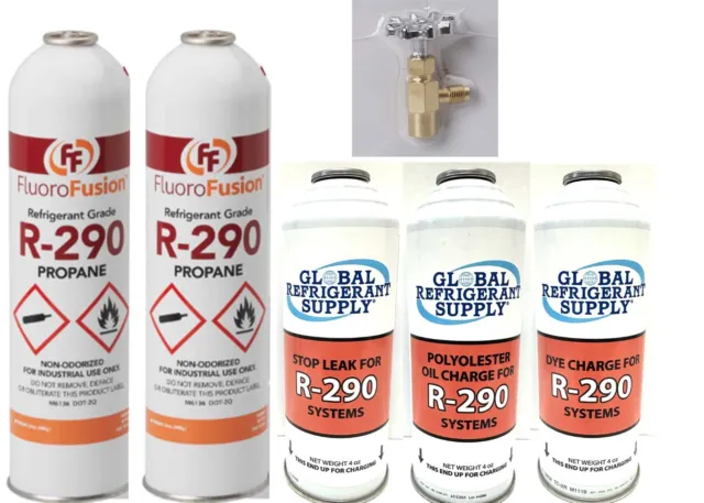 R290, 2 Large 14 oz Cans, FluoroFusion, Refrig. Recharge Kit, Oil, Dye Stop Leak