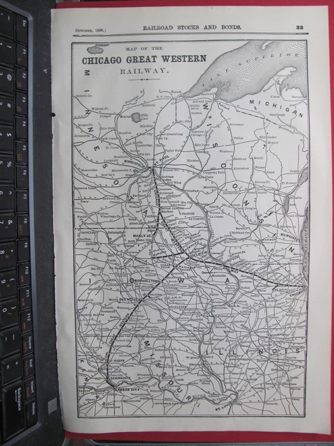 ORIGINAL 1898 CHICAGO Great Western Railroad System Map Illinois Iowa ...