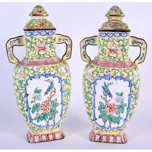 A Pair Of Early 20Th Century Chinese Canton Enamel Vases And Covers Circa 1900