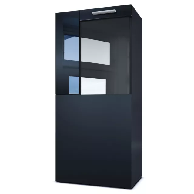 Tall Display Cabinet Glass Unit LED Movie Black - High Gloss & Nature Tones