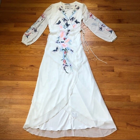 asos design floral embroidered dobby mesh flutter sleeve maxi dress Beige Slim Fit Dress Pants Flat Front Pre-hemmed main image 1