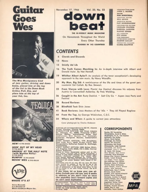 Down Beat jazz magazine Nov 17, 1966 -Ayler Brothers, Sid Catlett, Joe Zawinul 2