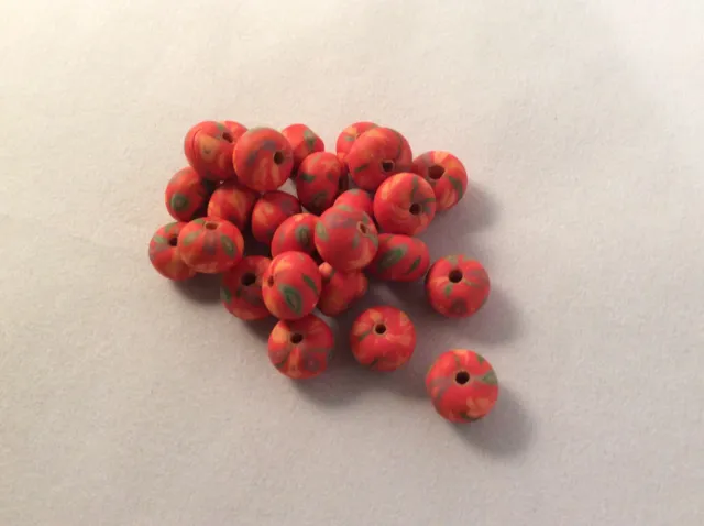 25 x perles d'argile polymère orange/floral faites main application 6 mm(h) x 8,5 mm(l), trou 1,2-1,8