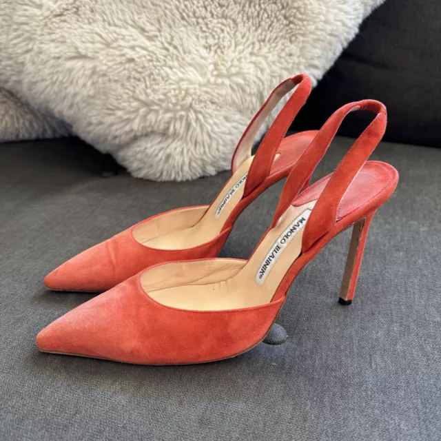 MANOLO BLAHNIK WOMENS Slingback Coral Suede Pumps Pointed Toe Size 39 ...