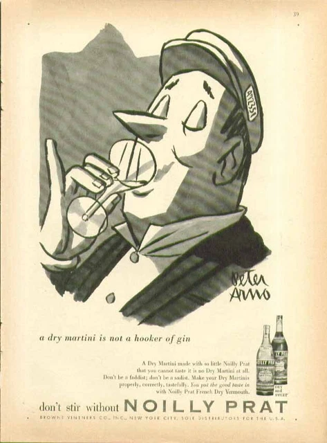 A dry martini is not a hooker of gin Noilly Prat ad 1956 Peter Arno art cabbie