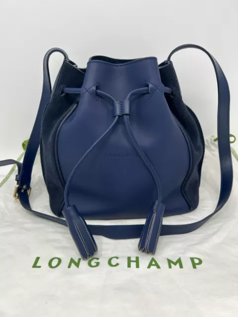 LONGCHAMP Blue Penelope LTHR Suede Bucket Shoulder Bag Purse Handbag Crossbody