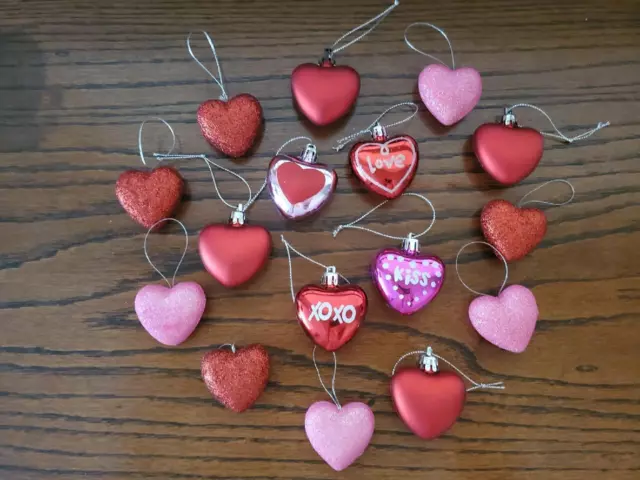 NEW 16 pc HEART VALENTINES DAY ORNAMENTS RED & PINK assorted solid, glitter