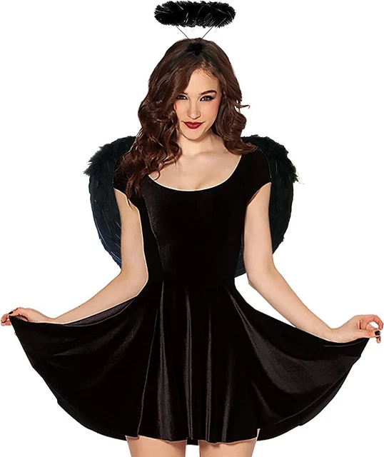 Ailes D’Ange Noires Avec Halo Et Bâton - Costume Ange/Diablotin Pour Femme - Fête, Carnaval, Déguisement - Plumes Réelles - 6