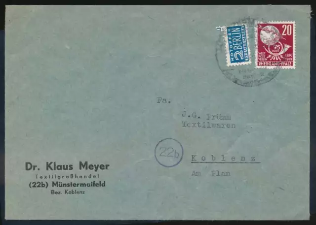 Französische Zone Nr. 51 EF Brief MÜNSTERMAIFELD - KOBLENZ #129858