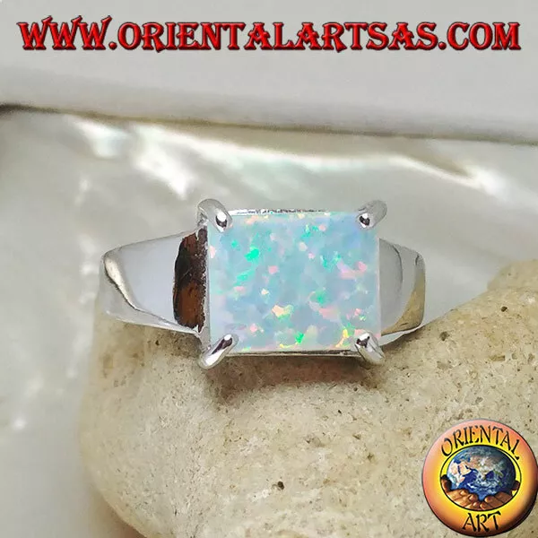 Anello in Argento 925‰ con opale arlecchino rettangolare orizzontale incastonato