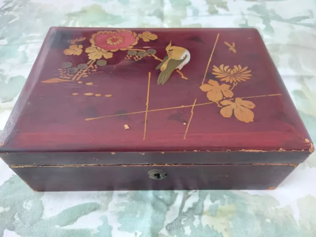 Large Antique Japanese Red Lacquer Box, Desktop Storage Box With Insert Tray
