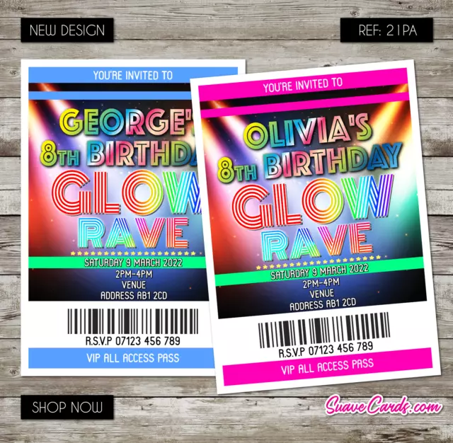 Glow Neon UV Disco Rave Invitations Personalised Birthday Party VIP Pass Concept