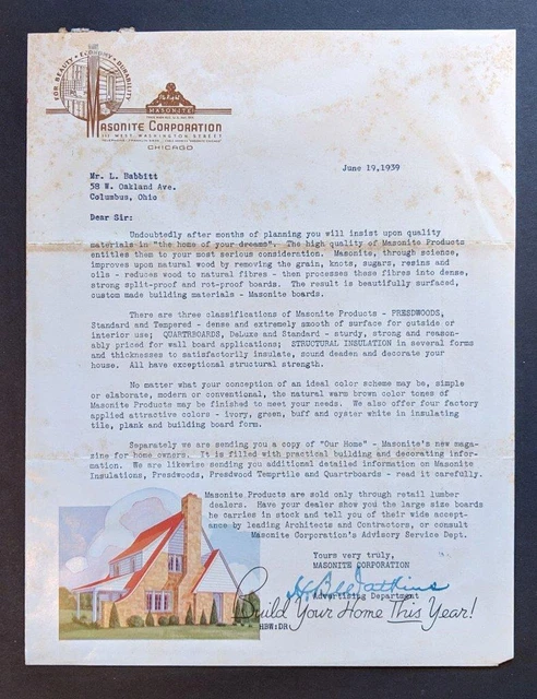 OLD 1939 ADVERTISEMENT LETTER from MASONITE CORPORATION Chicago IL, ARCHITECTURE