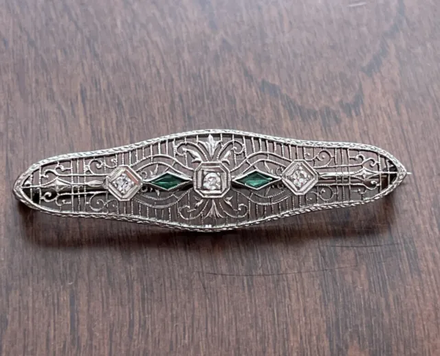 EXQUISITE Antique 14K White Gold  Diamonds Emeralds Art Deco Brooch Pin 3.7gr