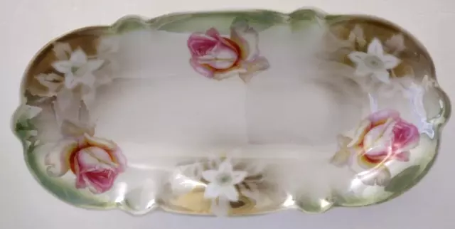 Celery Dish German Oblong 11-inch Porcelain Yellow Green Border Pink Roses Vtg