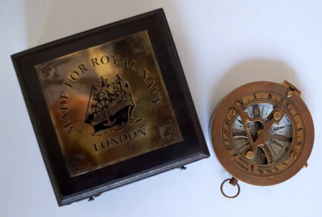 Nautisch Antik Messing Vintage West London Sonnenuhr Kompass W Rosewood Holz Box