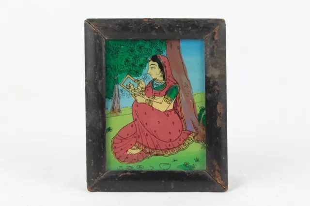Marche Arrière Verre Peinture Ancien Fait à la Main Indien Femme Photo Cadre 3