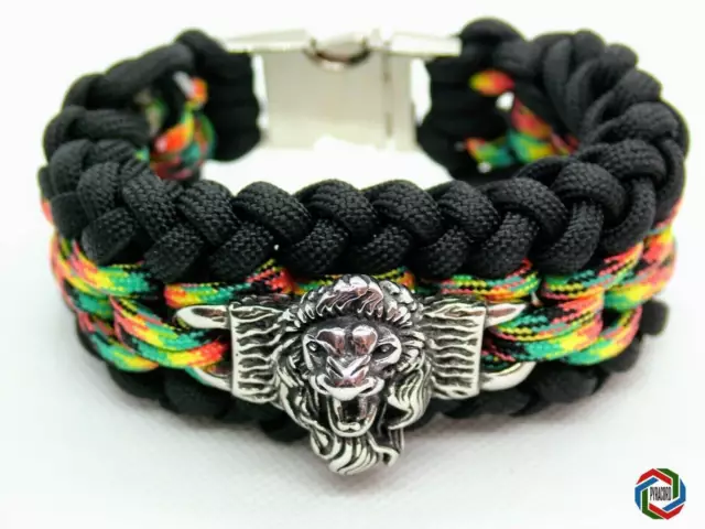 Rasta lion bracelet conquering lion large silver metal lion of judah paracord