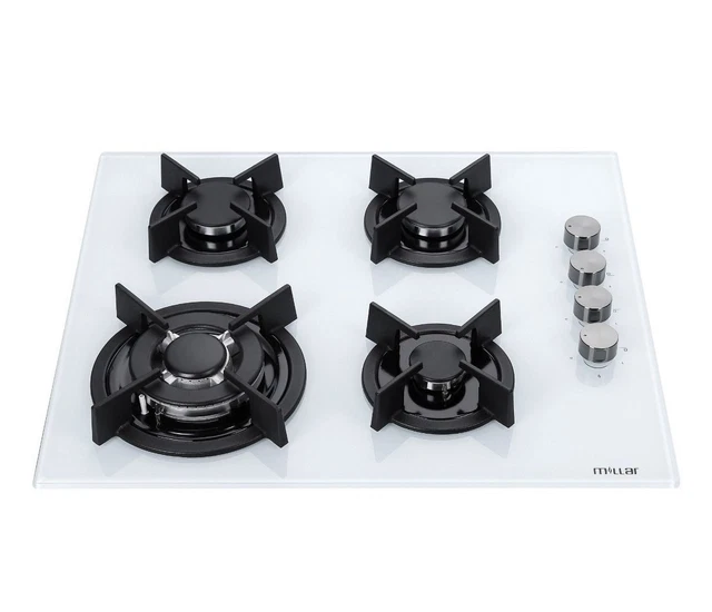 MILLAR GH6041XEW 4 Burner Builtin 60cm White Gas on Glass Hob with Wok