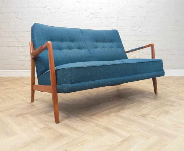Mid-Century Vintage Retro Swedish Teal Wool & Beech 2 Seater Sofa by DUX 1950s