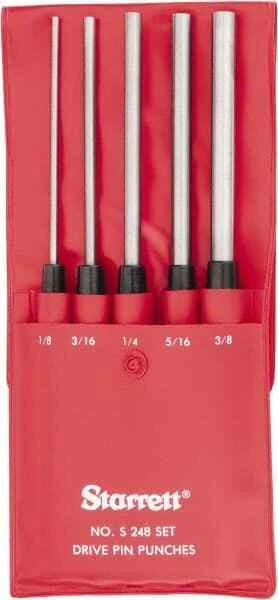 Starrett 5 Piece, 1/8 to 3/8", Pin Punch Set Round Shank, Comes in Vinyl Pouch