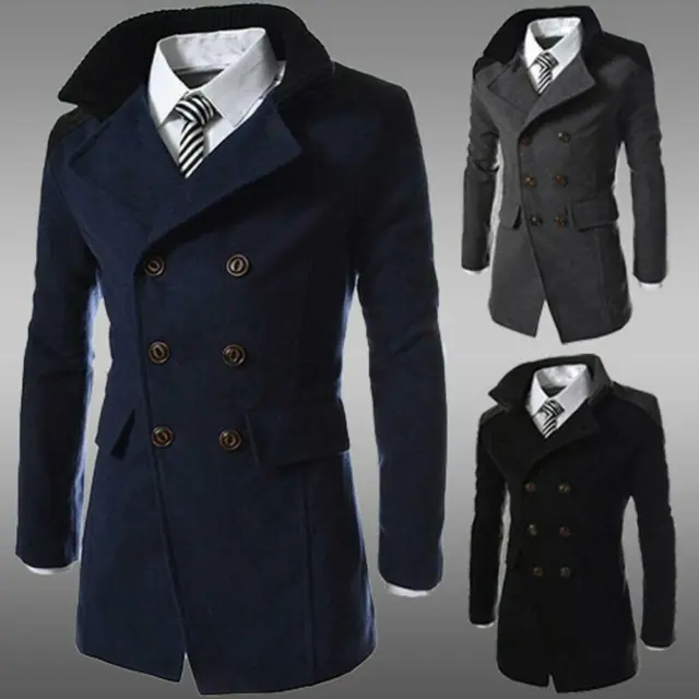 Mens Winter Woolen Long Jacket Trench Coat Double Breasted Warm Overcoat Outwear 2