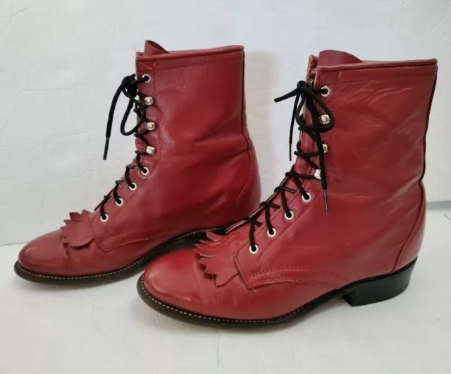 Laredo Women's 7 M Lace Up Roper Red Leather Kiltie Western Cowgirl Granny Boots