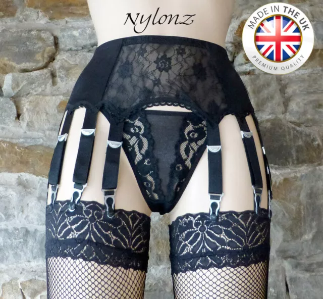 10 Strap Luxury Lace Front Suspender Belt Black (Garter Belt) NYLONZ Made In UK