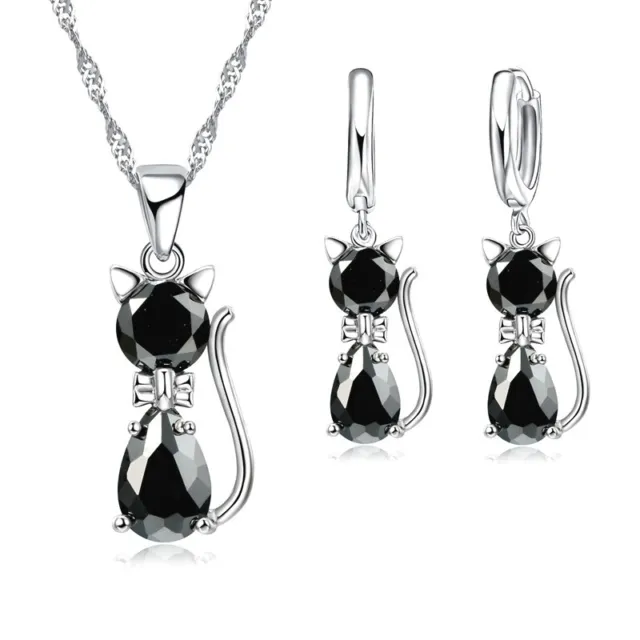 925 Sterling Silver Black Cat Kitten Crystal Pendant Necklace and Earring Set UK