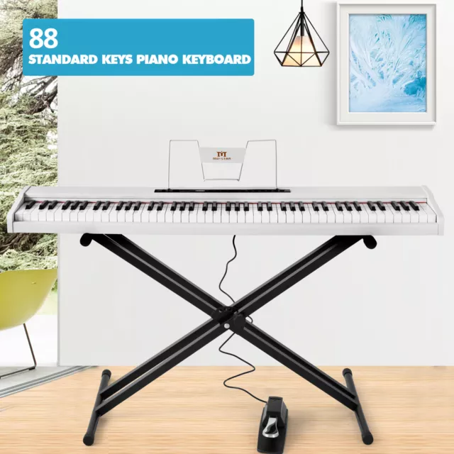 ♬Mustar Portable White Digital Piano 88 Semi Weighted Keys Keyboard Pedal Stand