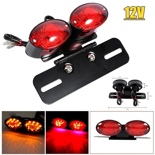 12V Motorcycle Double Oval Tail Lights LED Brake Light License Plate Turn Signal